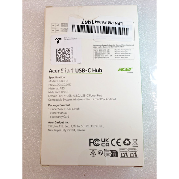 ACER 5-IN-1 USB3.0 C-HUB MODEL ODK3F0 USB Hub for laptops Mac PC Linux. Portable - Picture 4 of 8